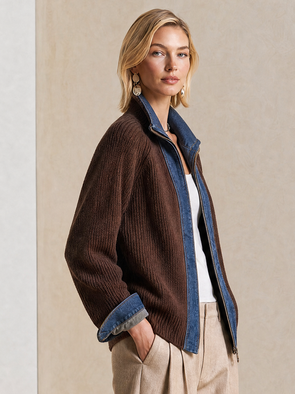 Elegant Dark Brown Denim-Trim Knit Cardigan