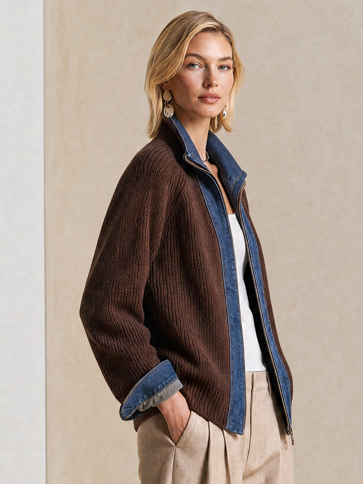 Elegant Dark Brown Denim-Trim Knit Cardigan
