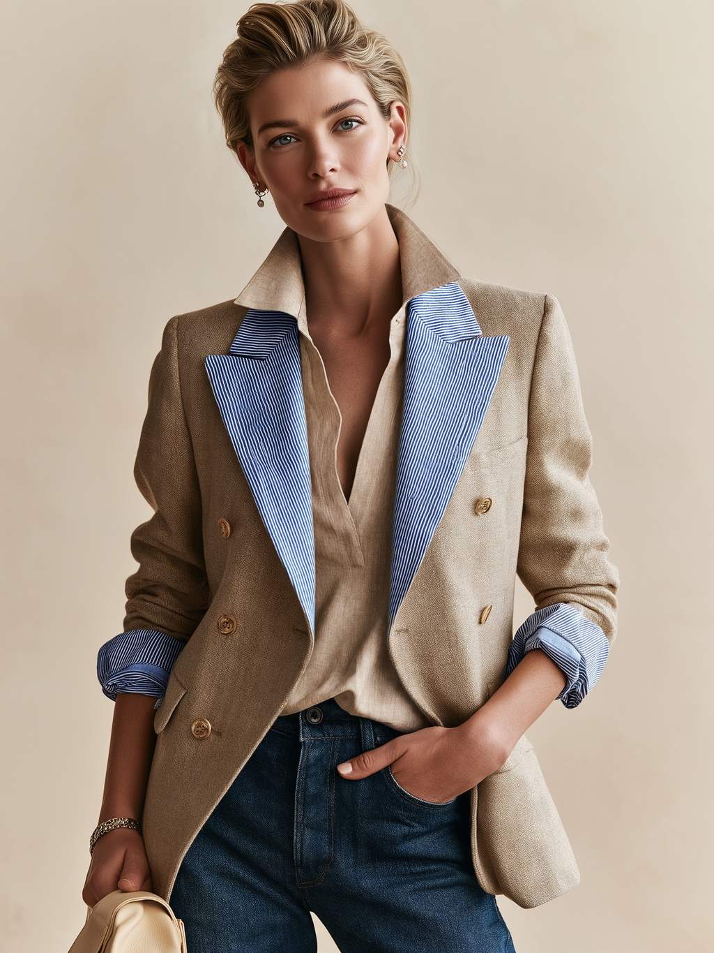 Contrast Stripe Lapel Linen‑Textured Double‑Breasted Blazer