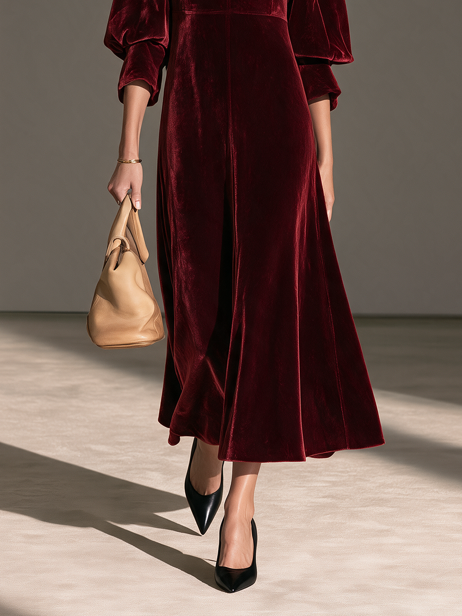 Women's Collared Half-Zip Balloon-Sleeve Belted Velvet Maxi Dress MDZ0168I7CMX