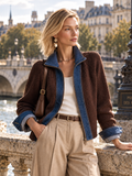 Elegant Dark Brown Denim-Trim Knit Cardigan