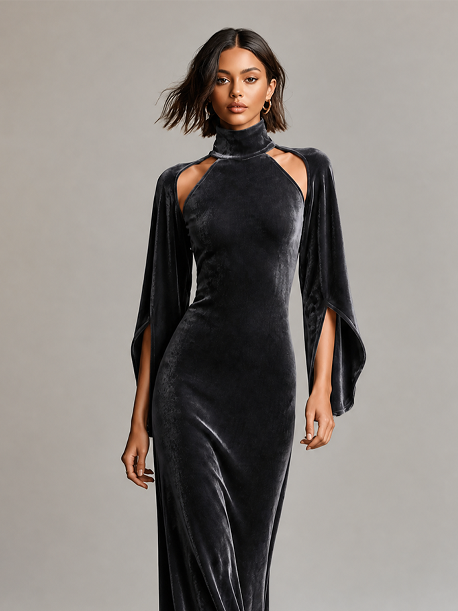 Women’s Velvet Flare‑Sleeve Cut‑Out Gown MDZ0865I4LYL