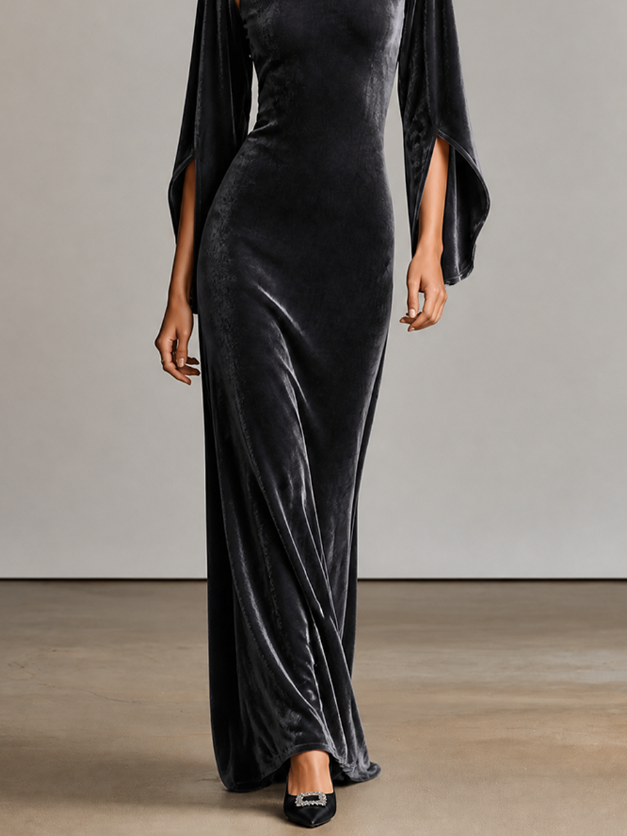 Women’s Velvet Flare‑Sleeve Cut‑Out Gown MDZ0865I4LYL
