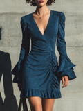 Women's Wrap Front Flared Sleeve Blue Mini Dress MDZ0848I6YZJ