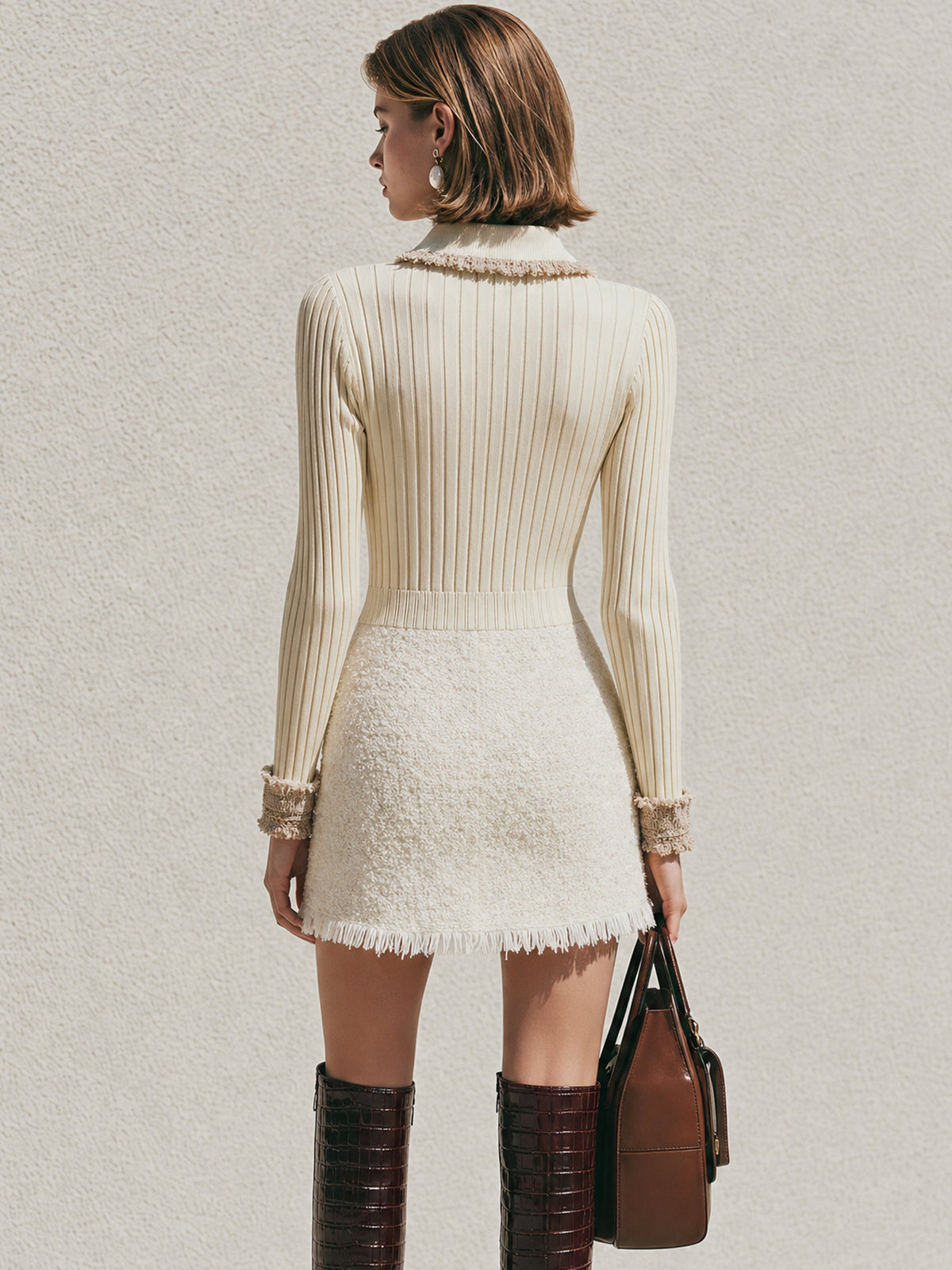 Tweed Texture & Knit Fringe‑Trim Mini Dress