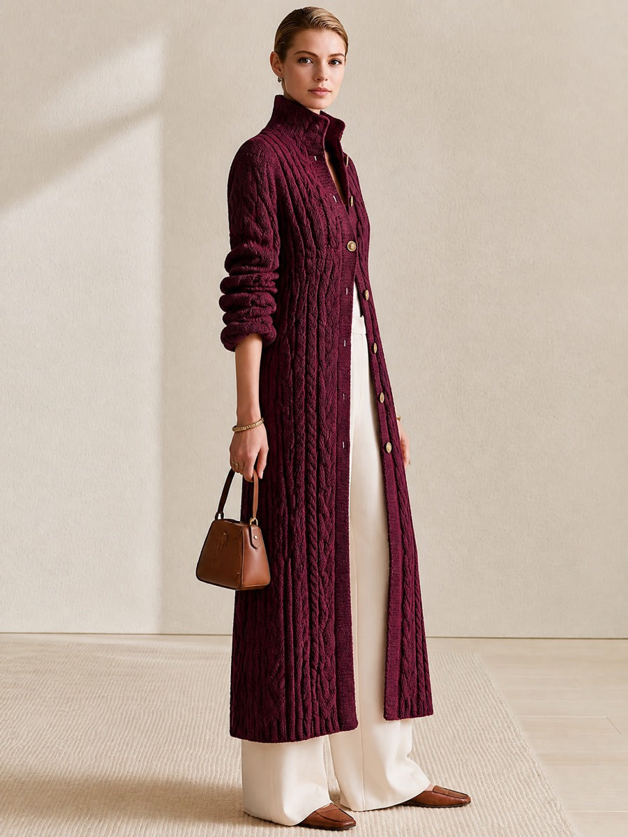 Burgundy Cable‑Knit Stand‑Collar Gold‑Button Maxi Cardigan