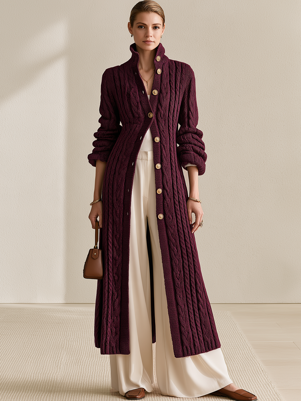 Burgundy Cable‑Knit Stand‑Collar Gold‑Button Maxi Cardigan