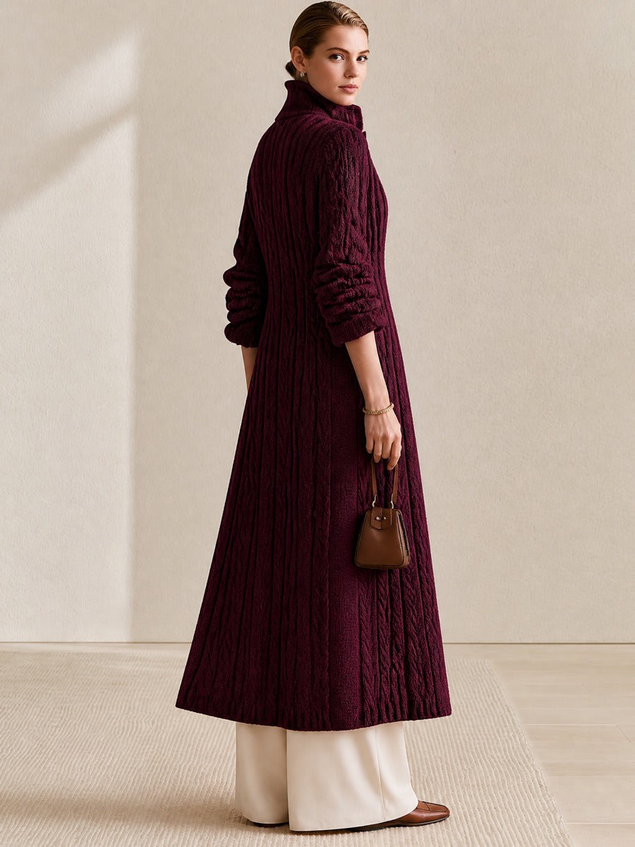 Burgundy Cable‑Knit Stand‑Collar Gold‑Button Maxi Cardigan
