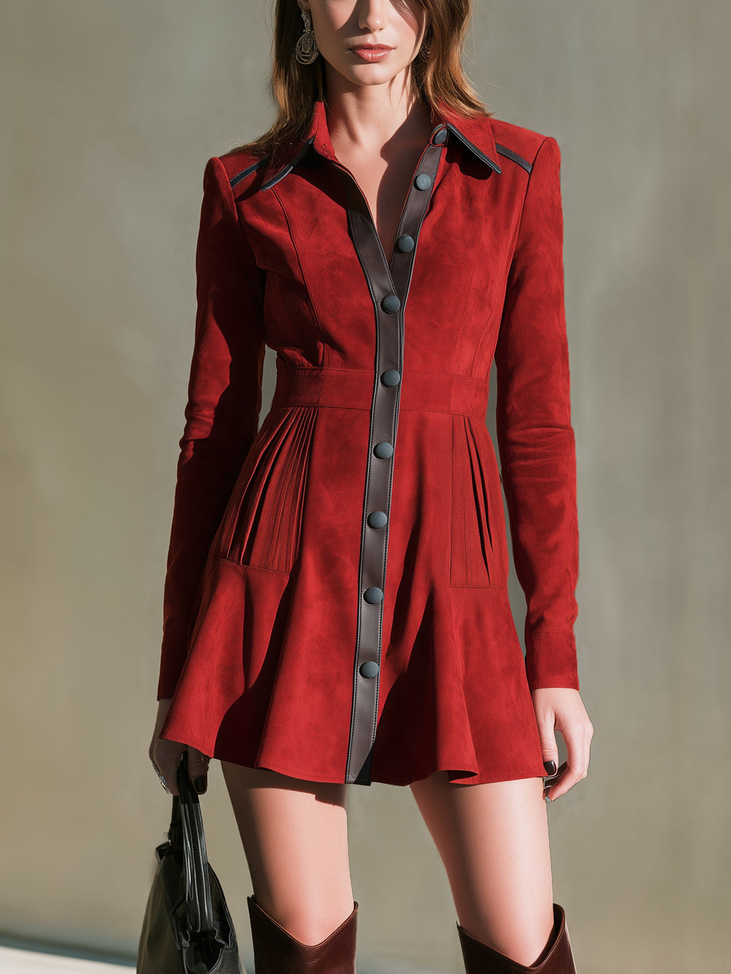 Suede‑Effect Leather‑Trim Shirt Mini Dress