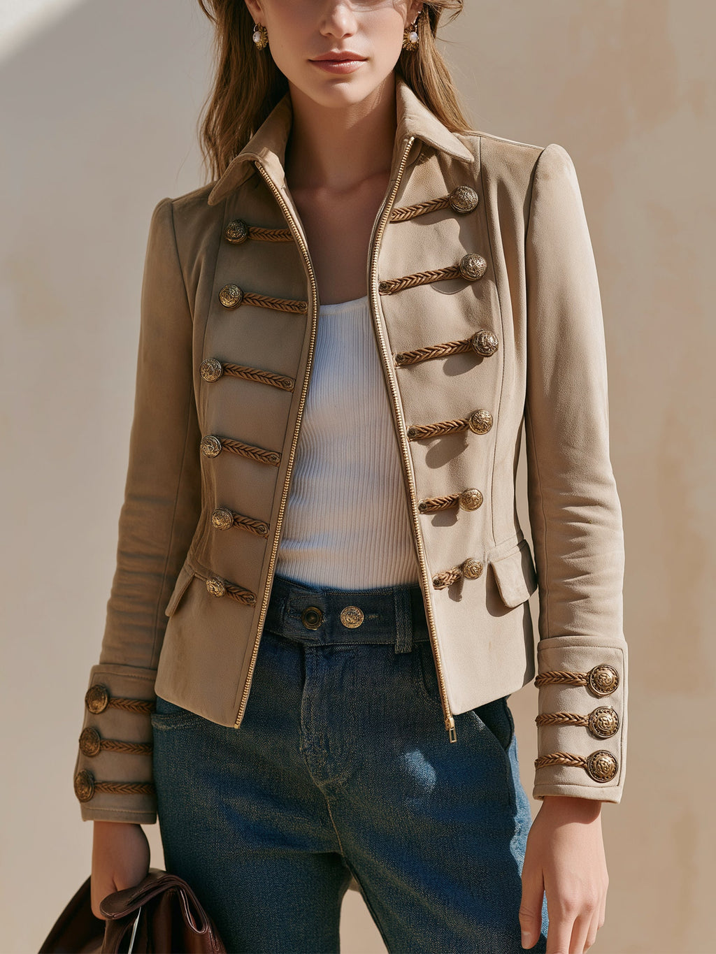 Braided‑Trim Tailored Suede Jacket
