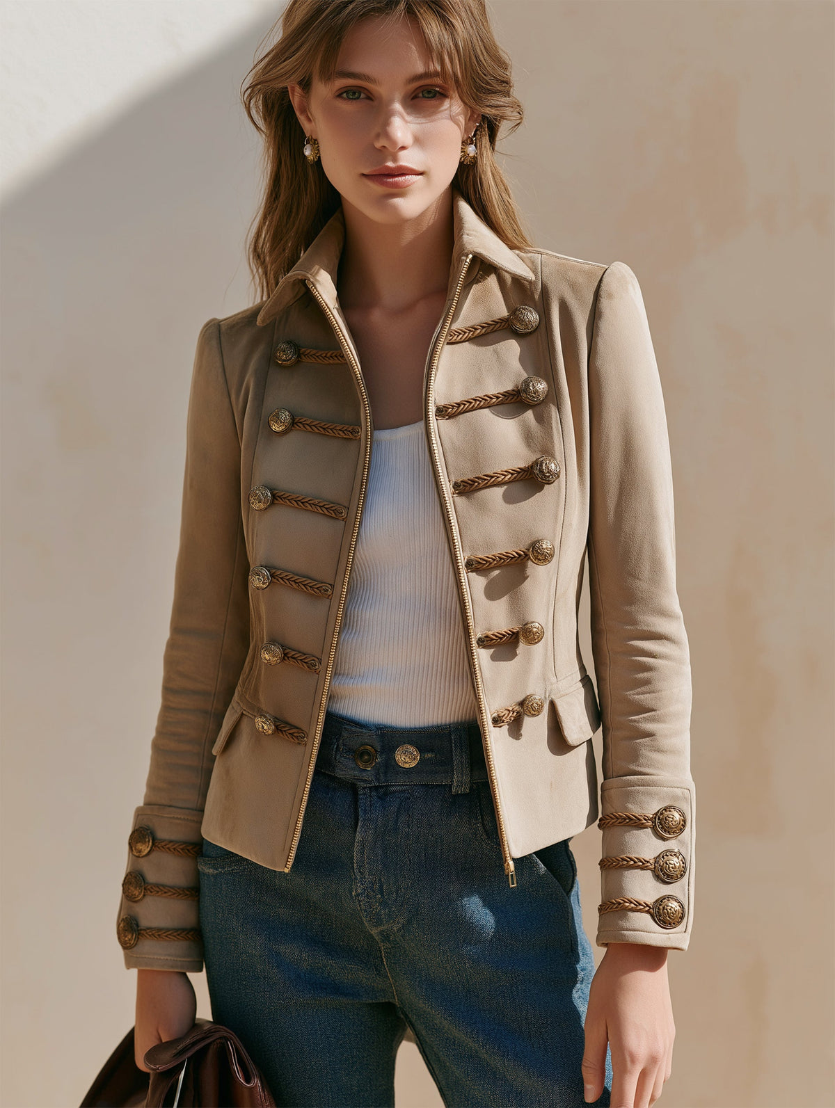 Braided‑Trim Tailored Suede Jacket