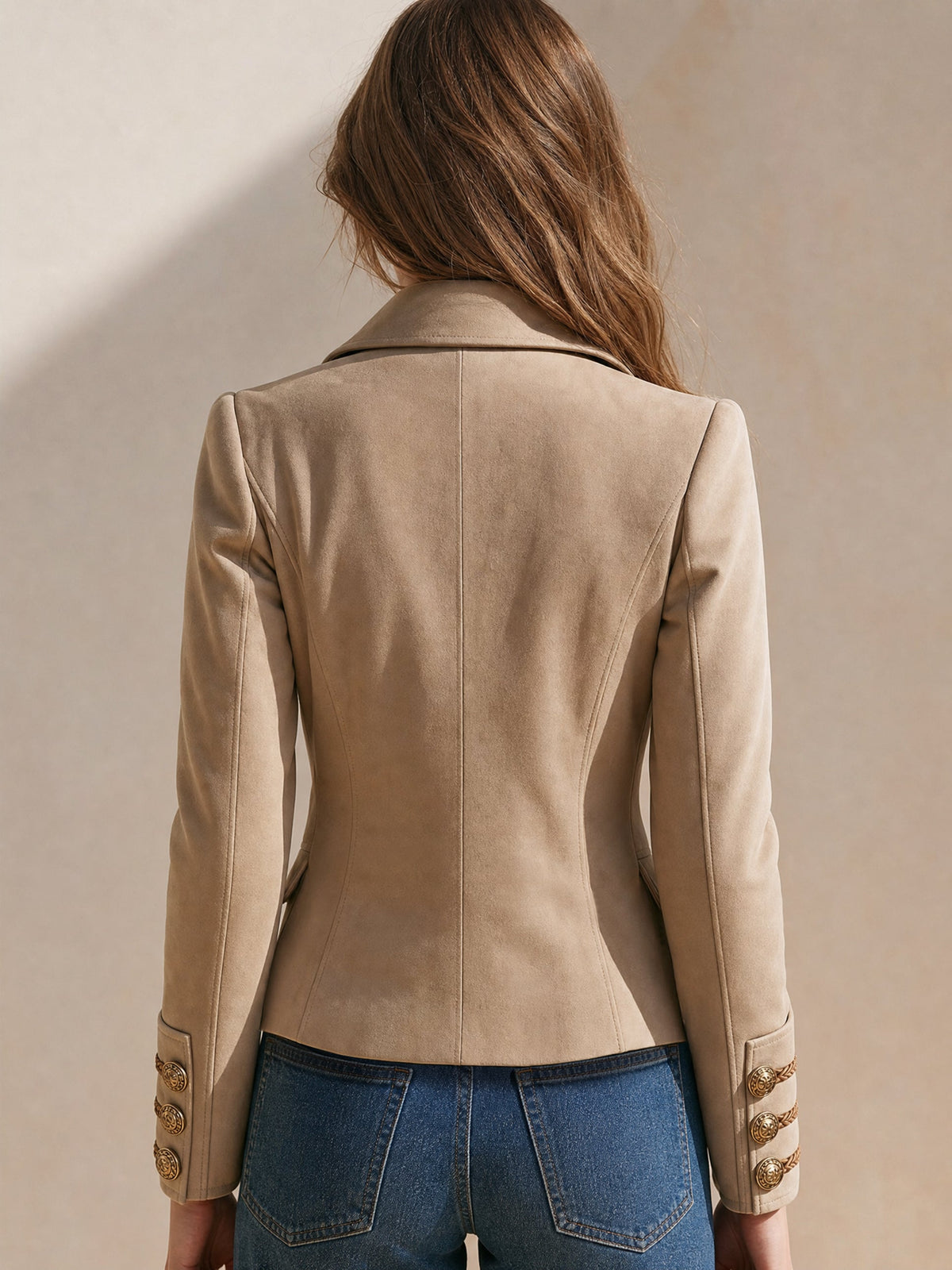 Braided‑Trim Tailored Suede Jacket