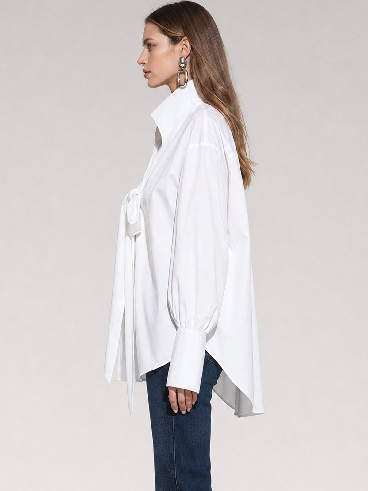 Oversized Tie-Neck Cotton Blend Shirt