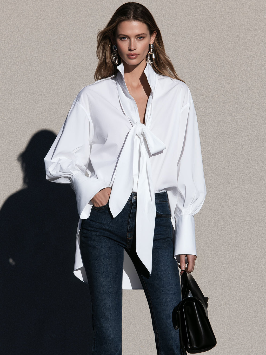 Oversized Tie-Neck Cotton Blend Shirt