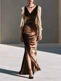 Women's V-Neck Contrast Puff-Sleeve Ruched Slit Velvet Maxi Dress