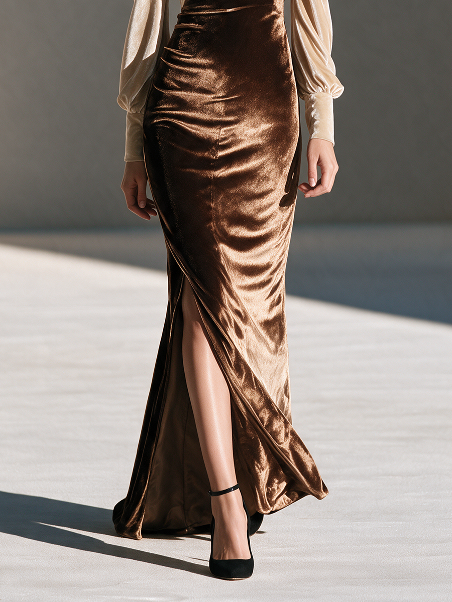 Women's V-Neck Contrast Puff-Sleeve Ruched Slit Velvet Maxi Dress
