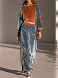 Women's Colorblock Velvet Zip-Front Cropped Jacket & Side-Stripe Wide-Leg Trouser Sporty Set