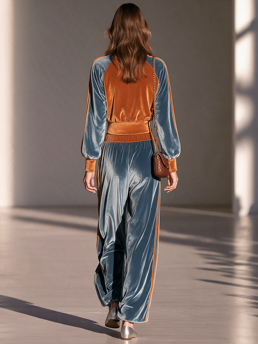Women's Colorblock Velvet Zip-Front Cropped Jacket & Side-Stripe Wide-Leg Trouser Sporty Set