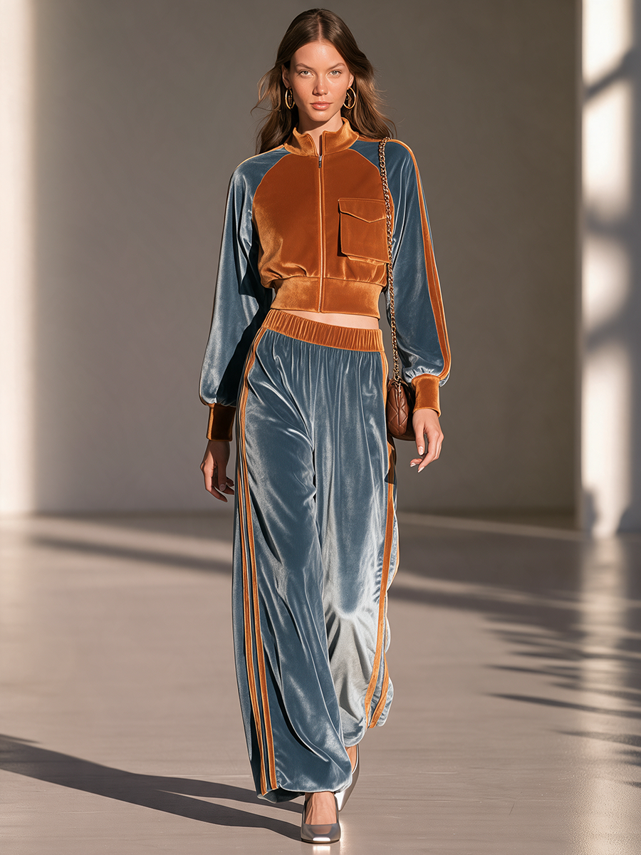 Women's Colorblock Velvet Zip-Front Cropped Jacket & Side-Stripe Wide-Leg Trouser Sporty Set