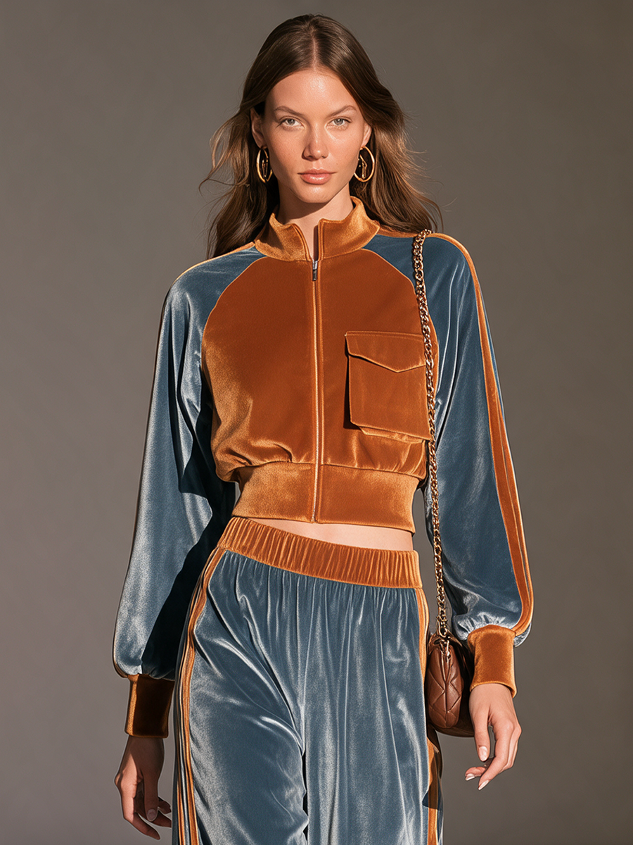 Women's Colorblock Velvet Zip-Front Cropped Jacket & Side-Stripe Wide-Leg Trouser Sporty Set
