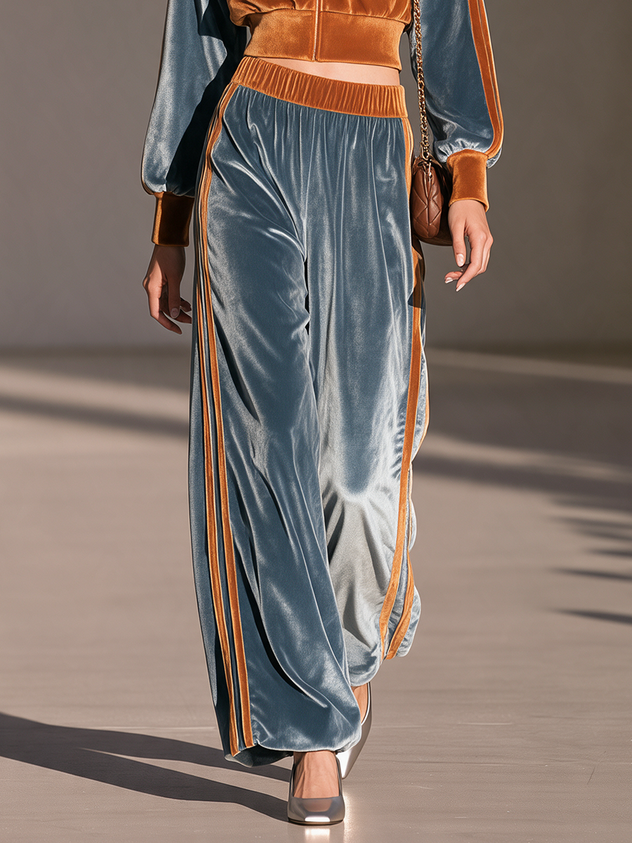 Women's Colorblock Velvet Zip-Front Cropped Jacket & Side-Stripe Wide-Leg Trouser Sporty Set