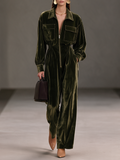 Women's Olive-Green Velvet Collared Zip-Front Long-Sleeve Wide-Leg Jumpsuit