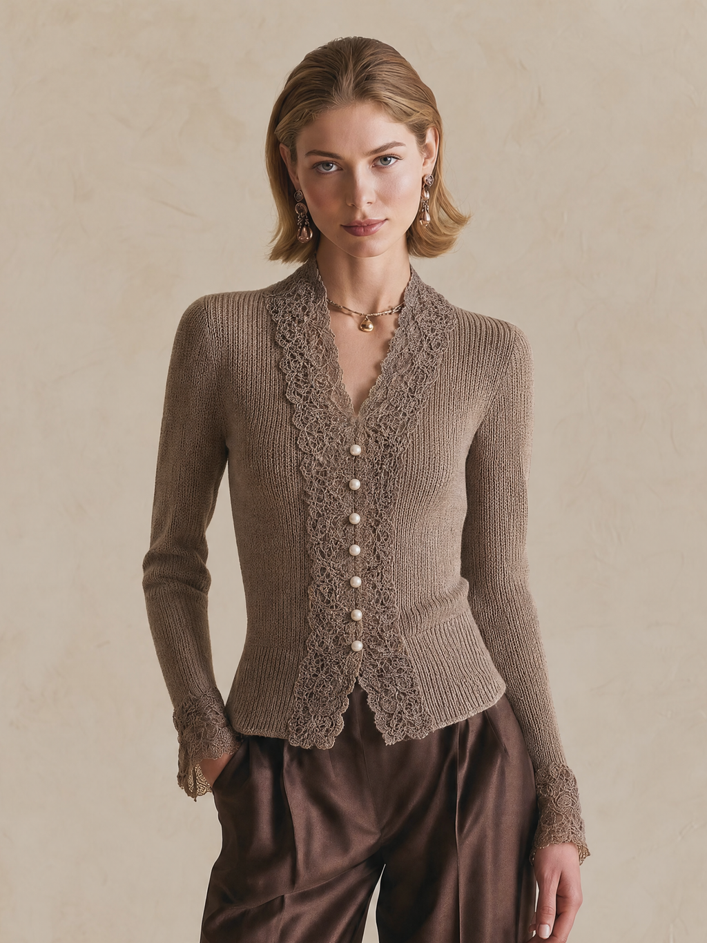 Elegant Taupe Lace-Trim Knit Cardigan