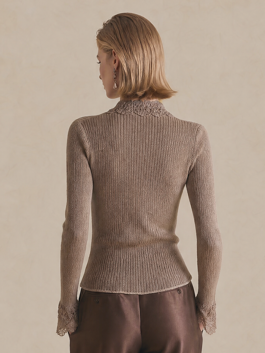 Elegant Taupe Lace-Trim Knit Cardigan