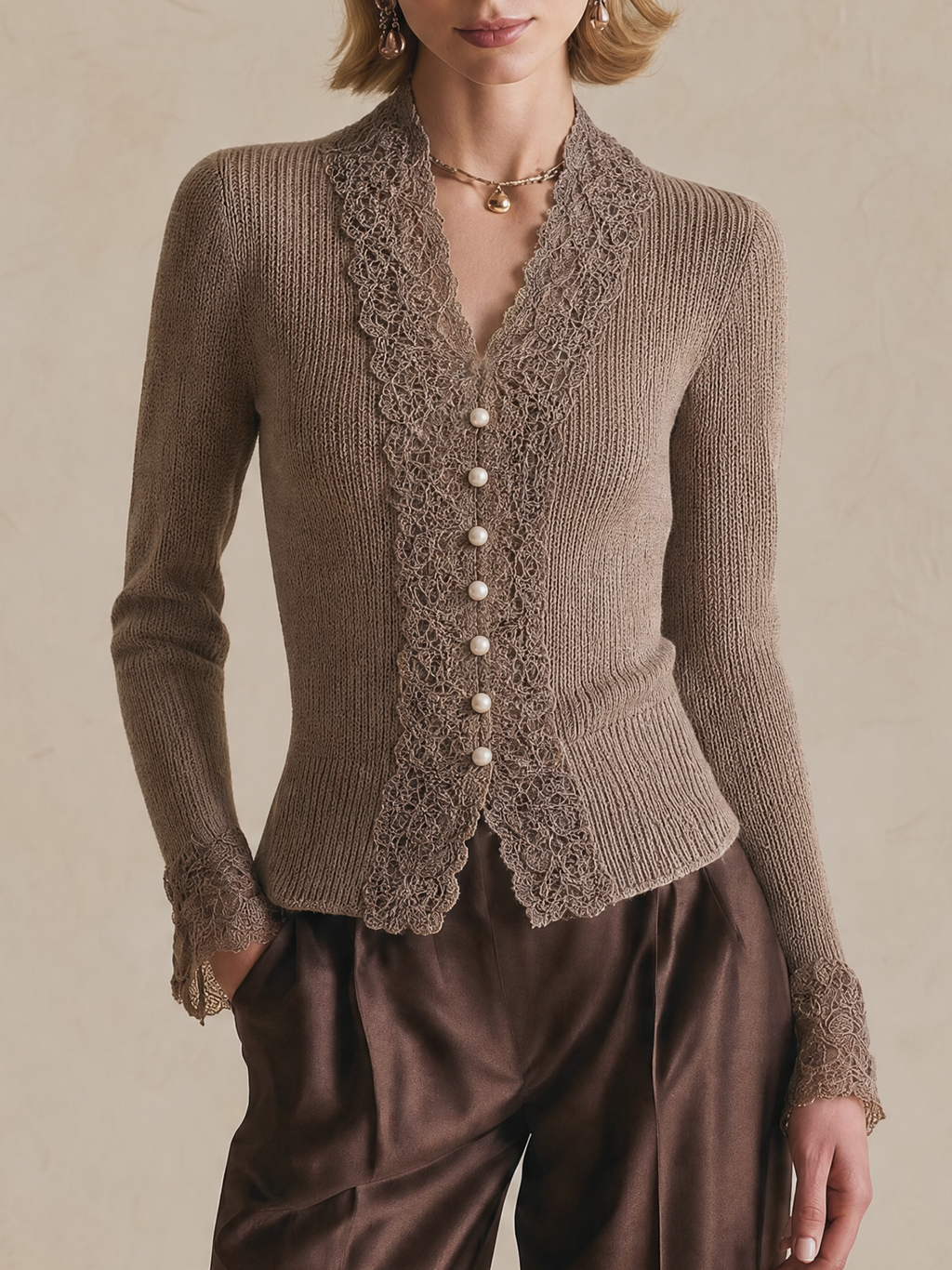 Elegant Taupe Lace-Trim Knit Cardigan