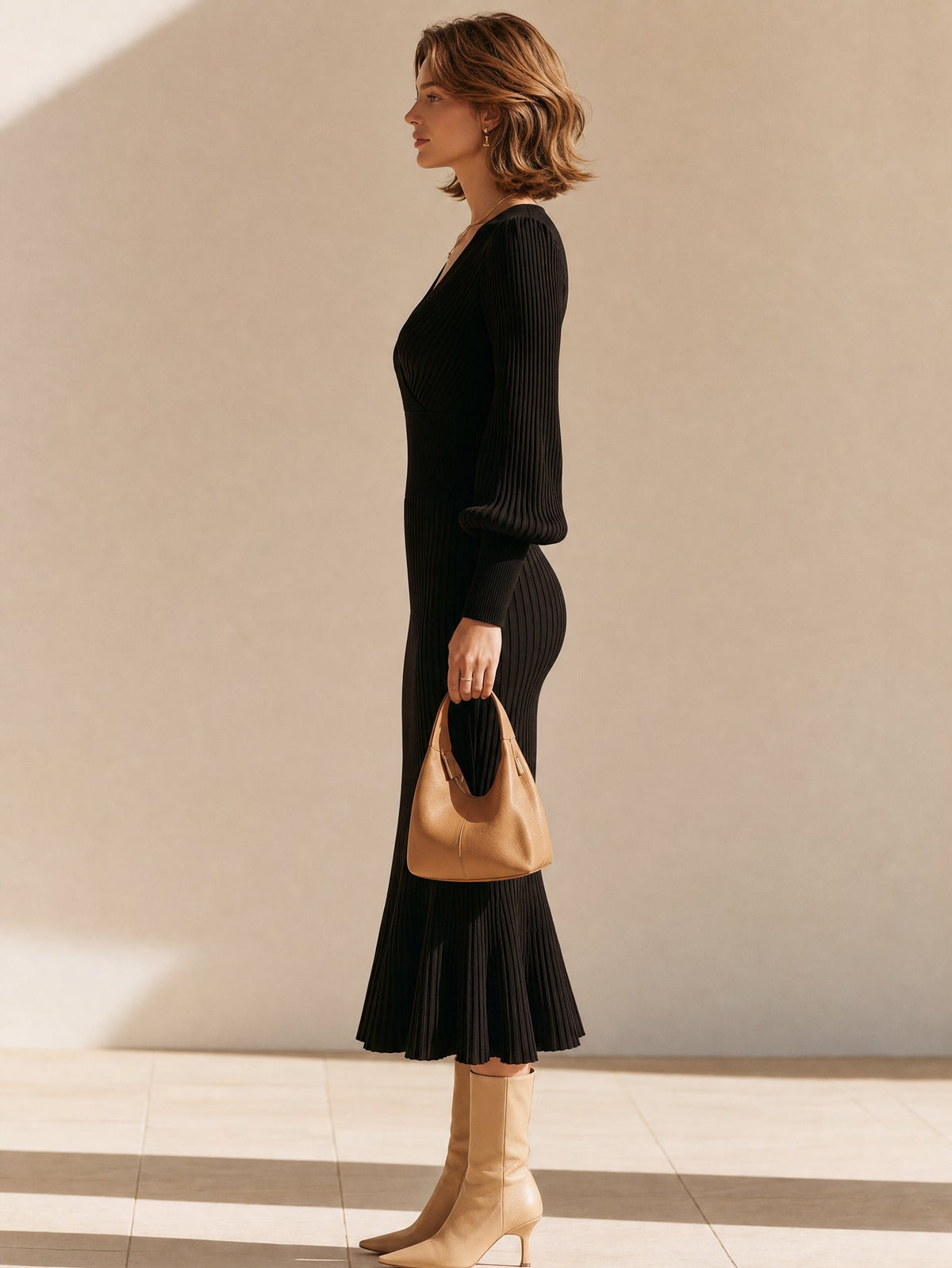 Ribbed Knit Wrap V-Neck Flounce Hem Midi Dress