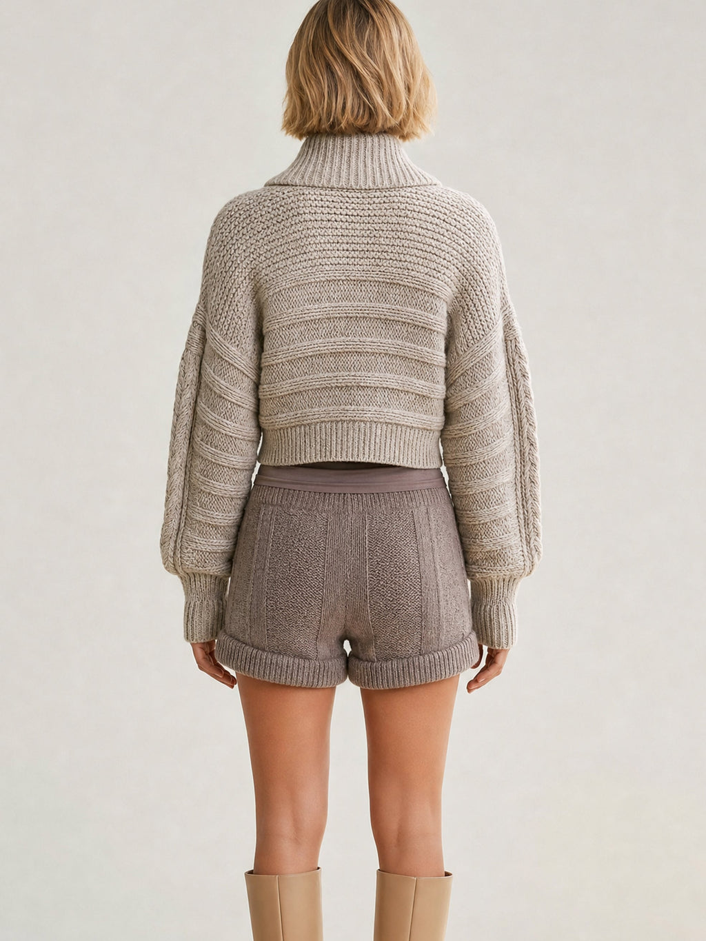 Cable KnitShawl Collar Cropped Cardigan & Shorts Set