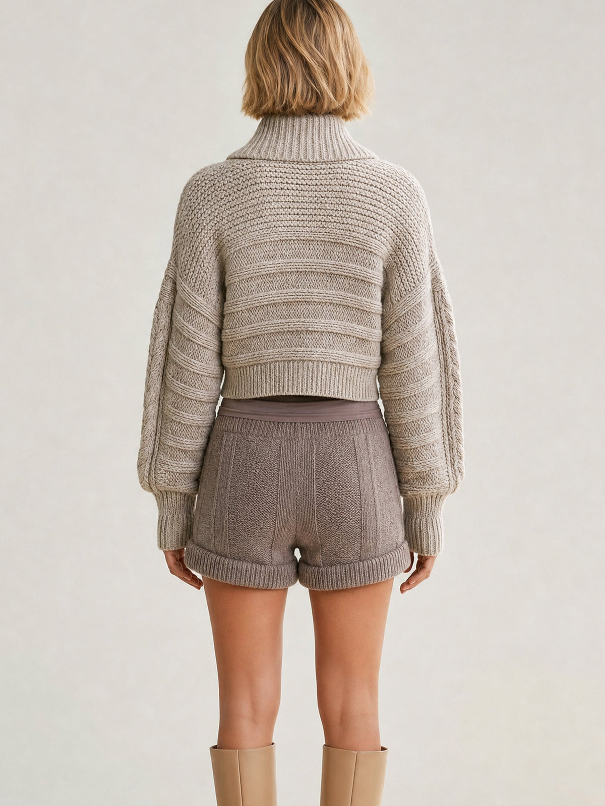 Cable KnitShawl Collar Cropped Cardigan & Shorts Set