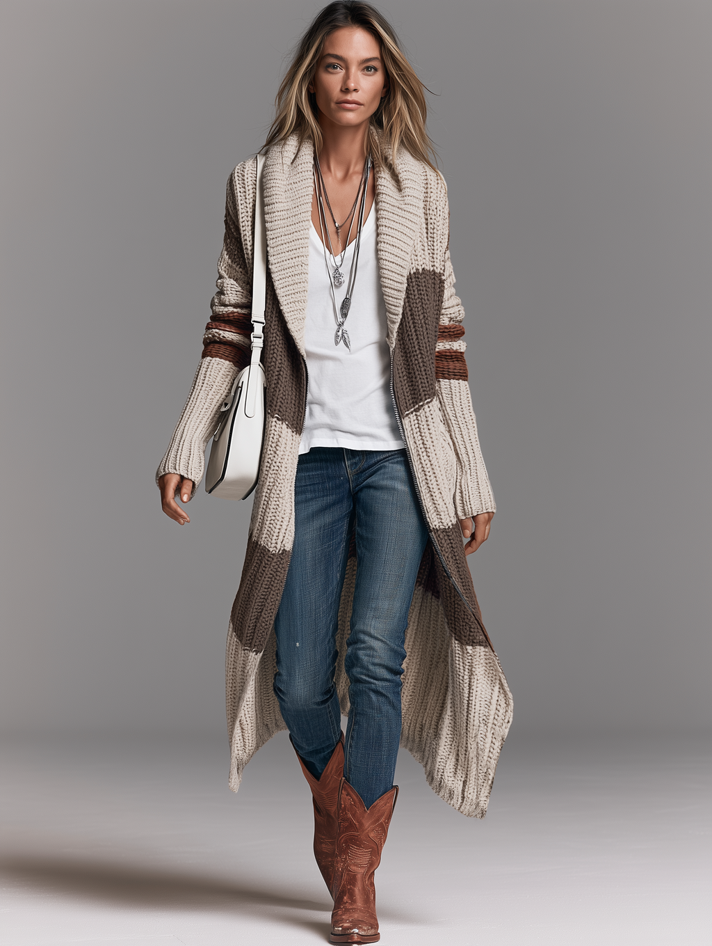 Women's Vintage Shawl Collar Long Zip-Up Cardigan