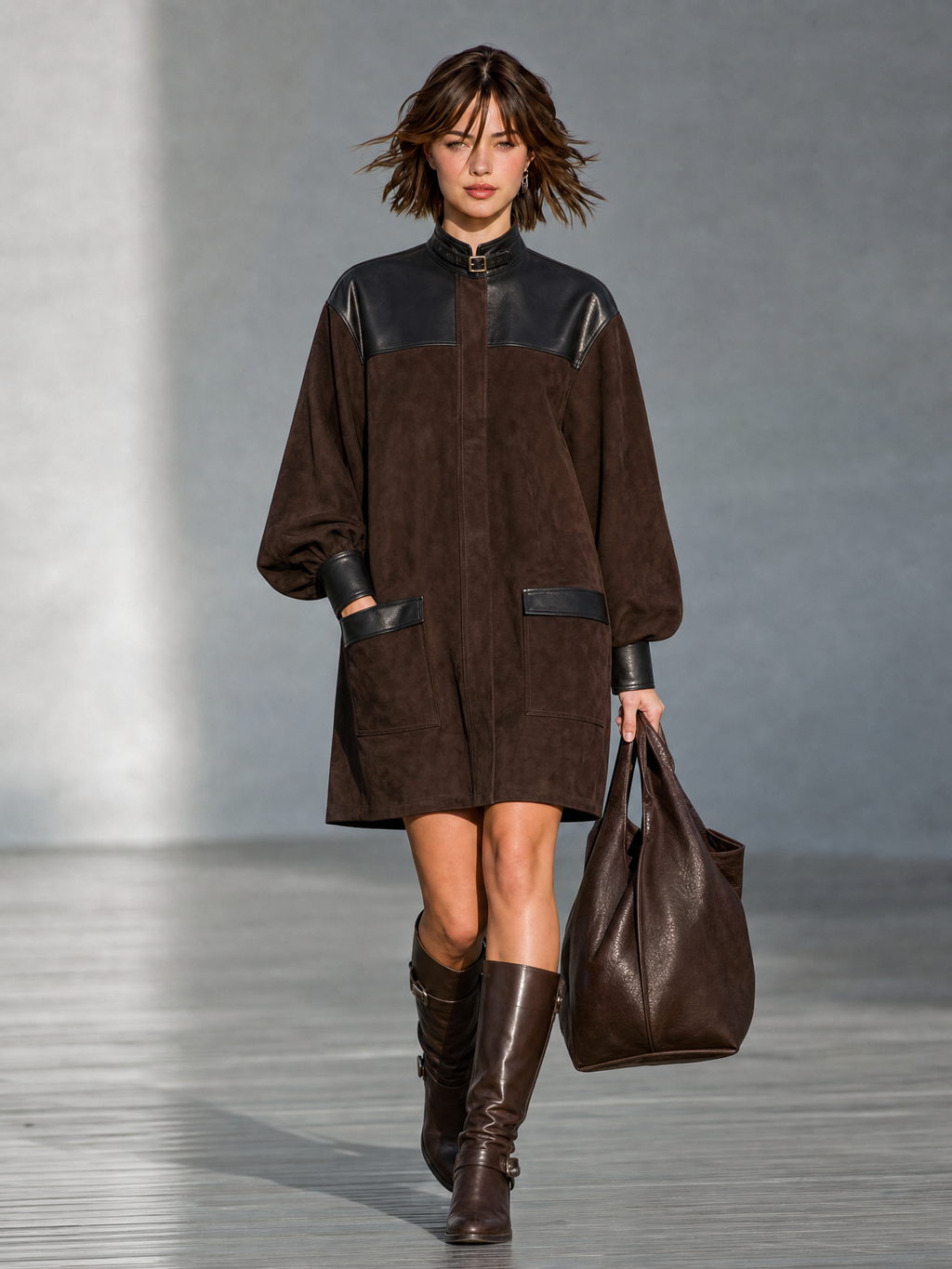 Women's Retro Faux Suede And PU Panel Zip-Front Mini Dress