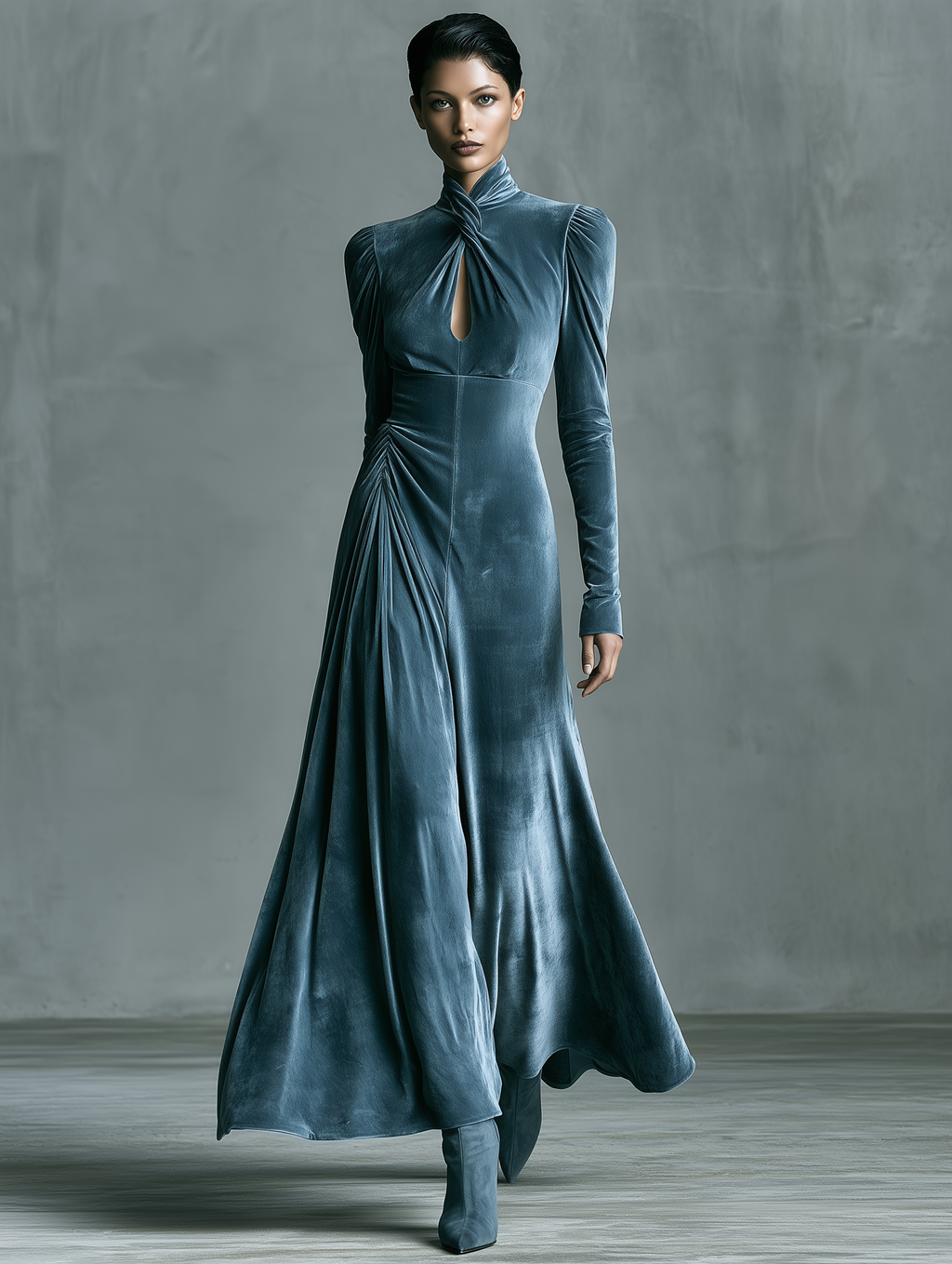 Women's Twist Keyhole Mock Neck Blue Velvet Dress