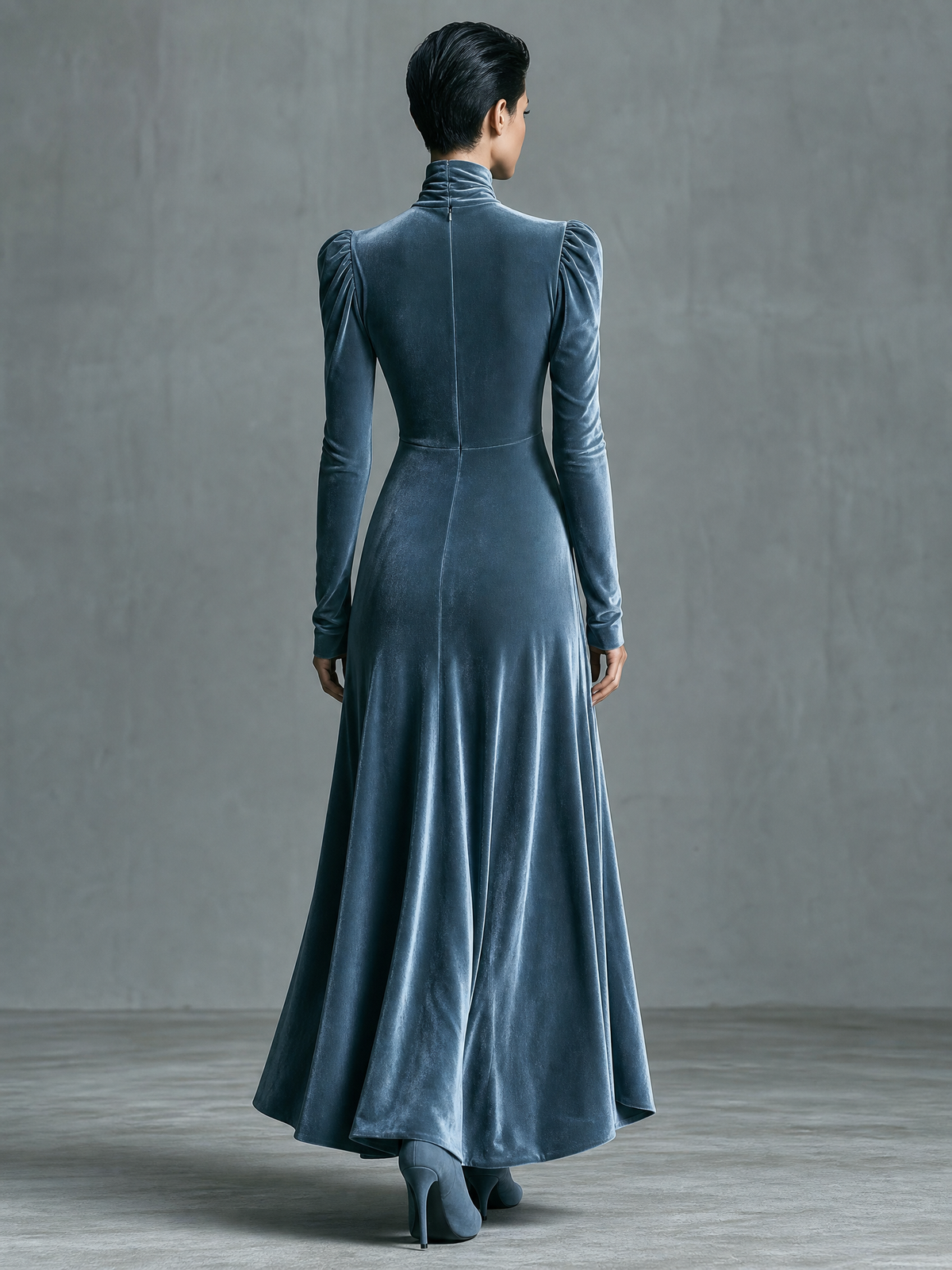 Women's Twist Keyhole Mock Neck Blue Velvet Dress