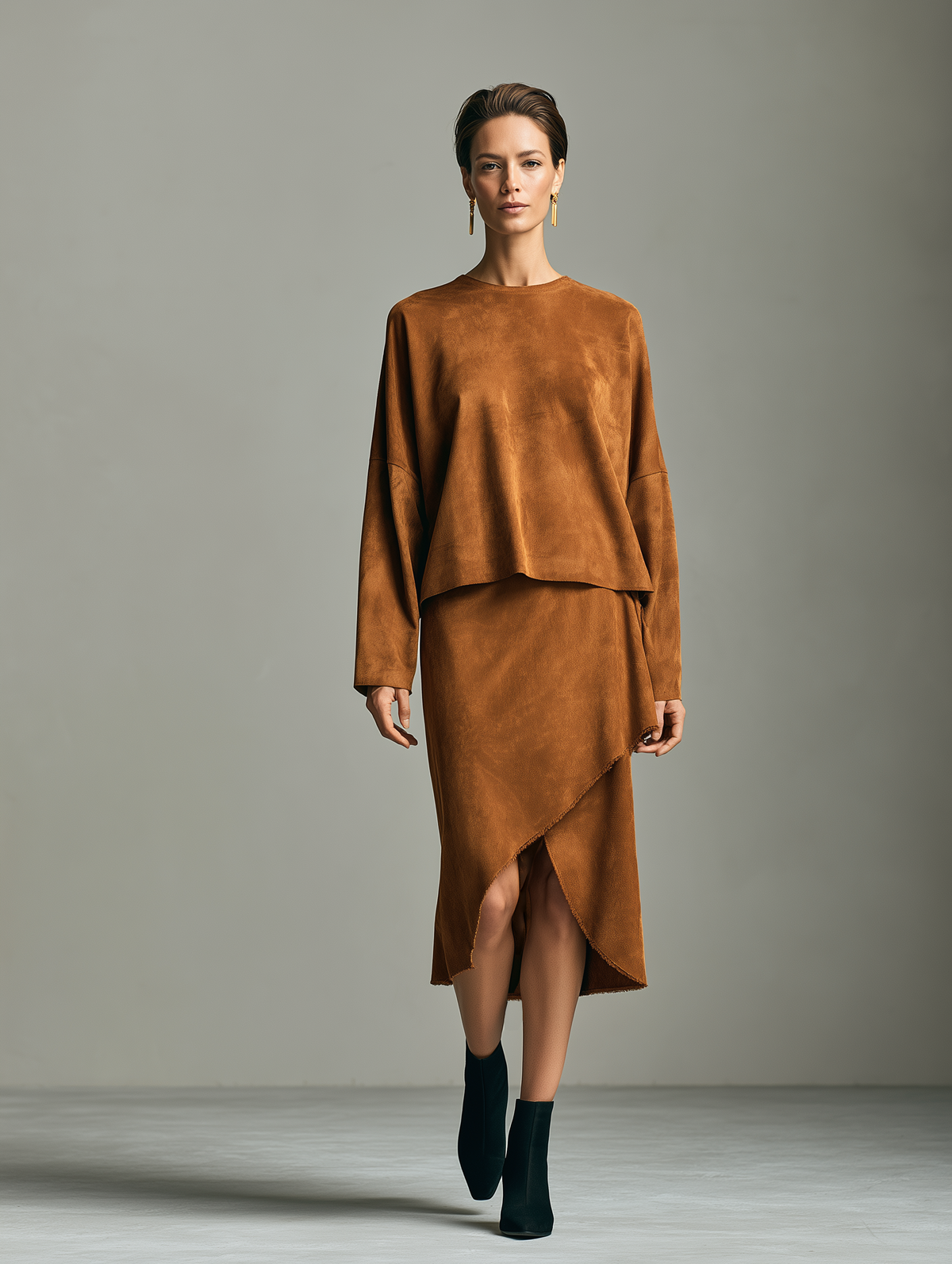 Women's Raw Edge Asymmetric Hem Brown Set