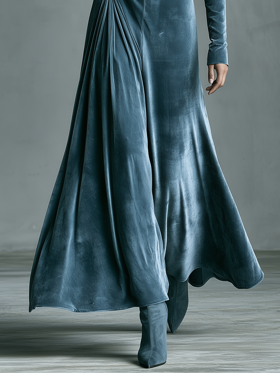 Women's Twist Keyhole Mock Neck Blue Velvet Dress