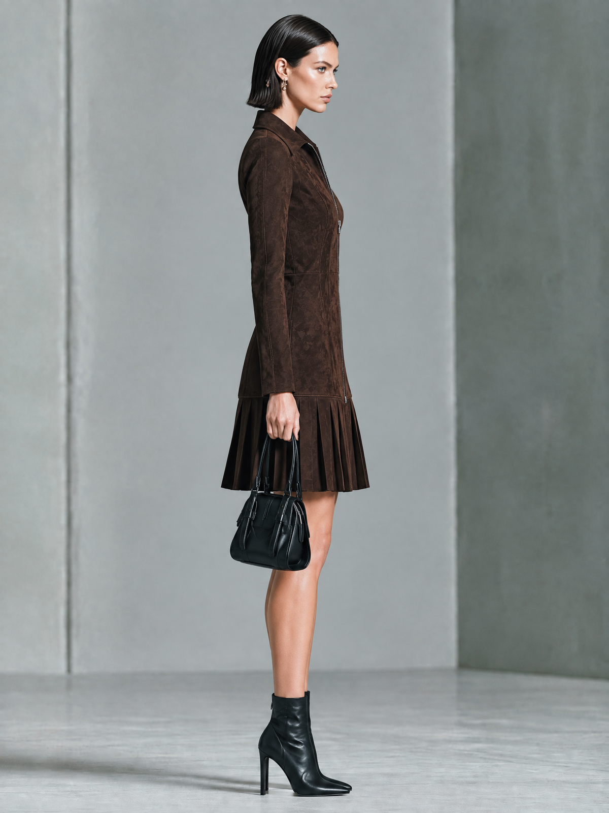 Women's Zip Front Pleated Hem Brown Dress