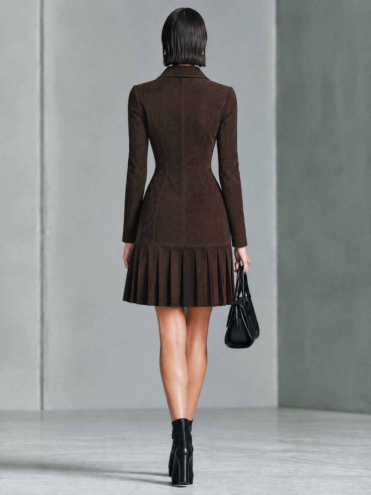 Women's Zip Front Pleated Hem Brown Dress