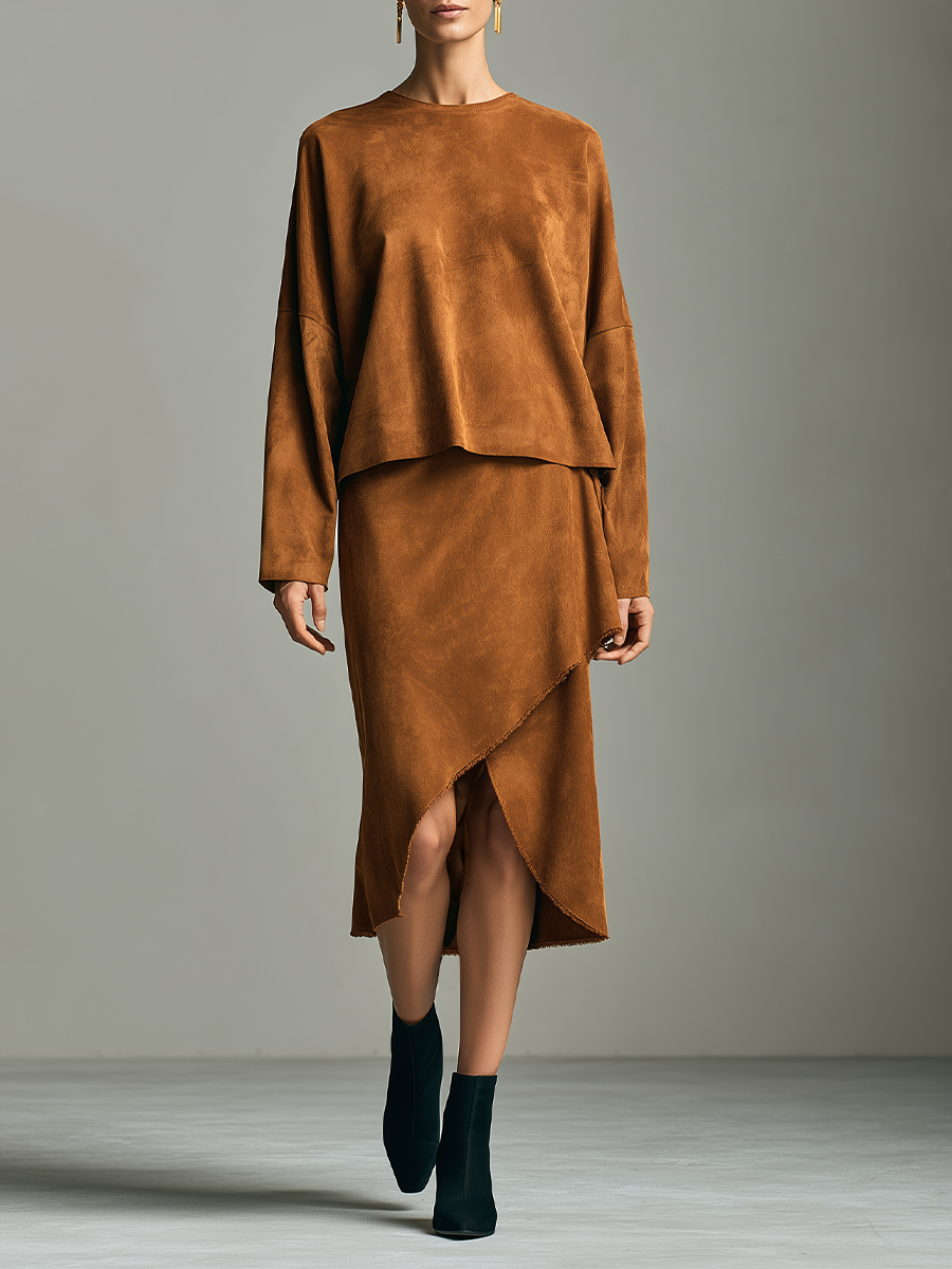 Women's Raw Edge Asymmetric Hem Brown Set