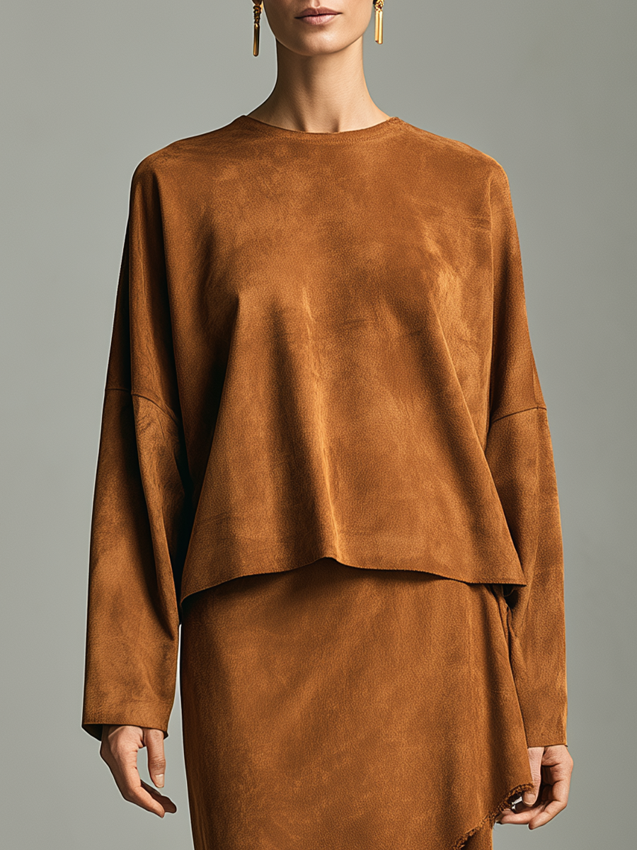 Women's Raw Edge Asymmetric Hem Brown Set