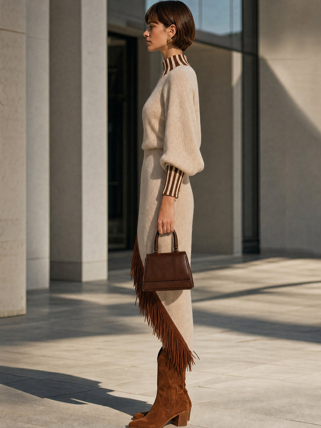 Asymmetric Tassel Hem Knit Midi Dress