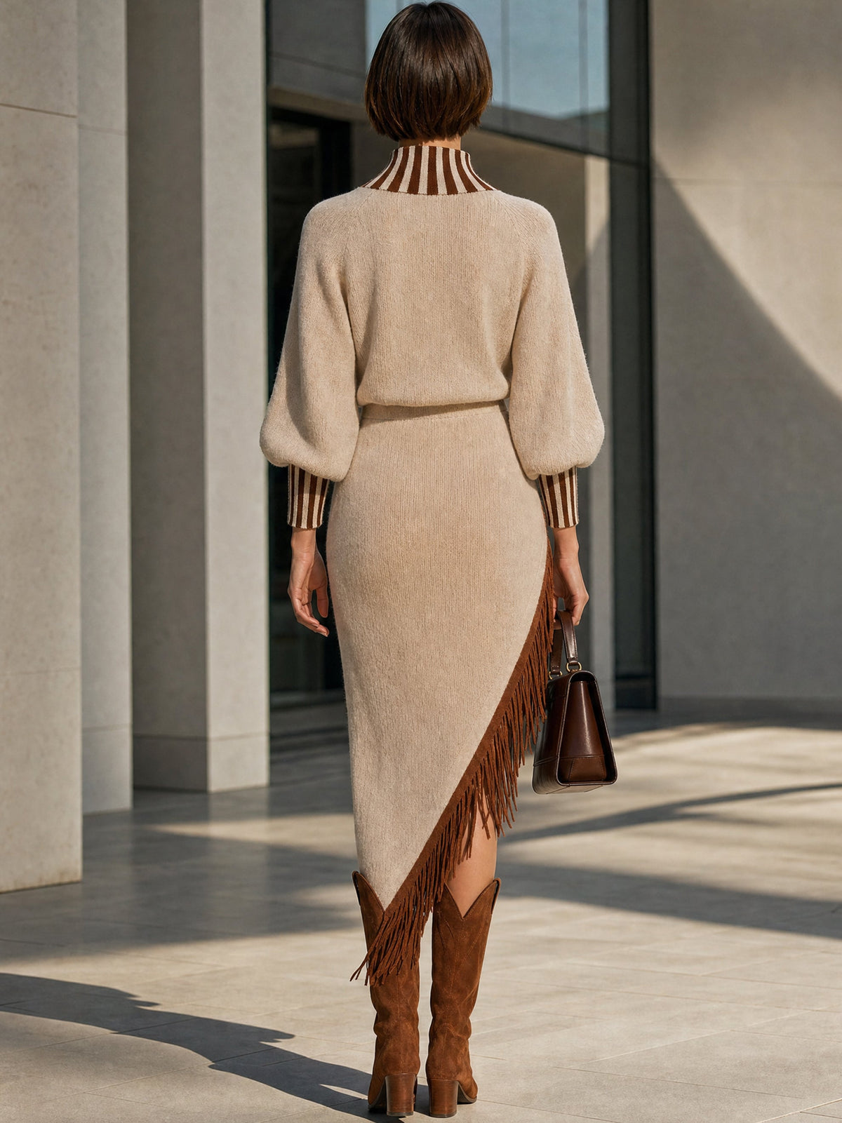 Asymmetric Tassel Hem Knit Midi Dress
