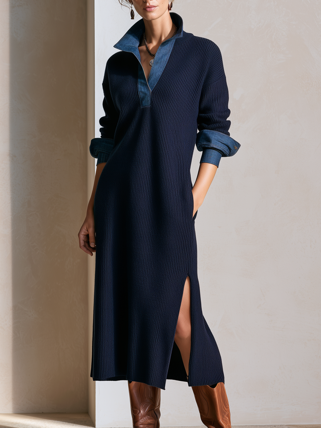 Elegant Navy Blue Knit Midi Dress With Denim-Trimmed Collar