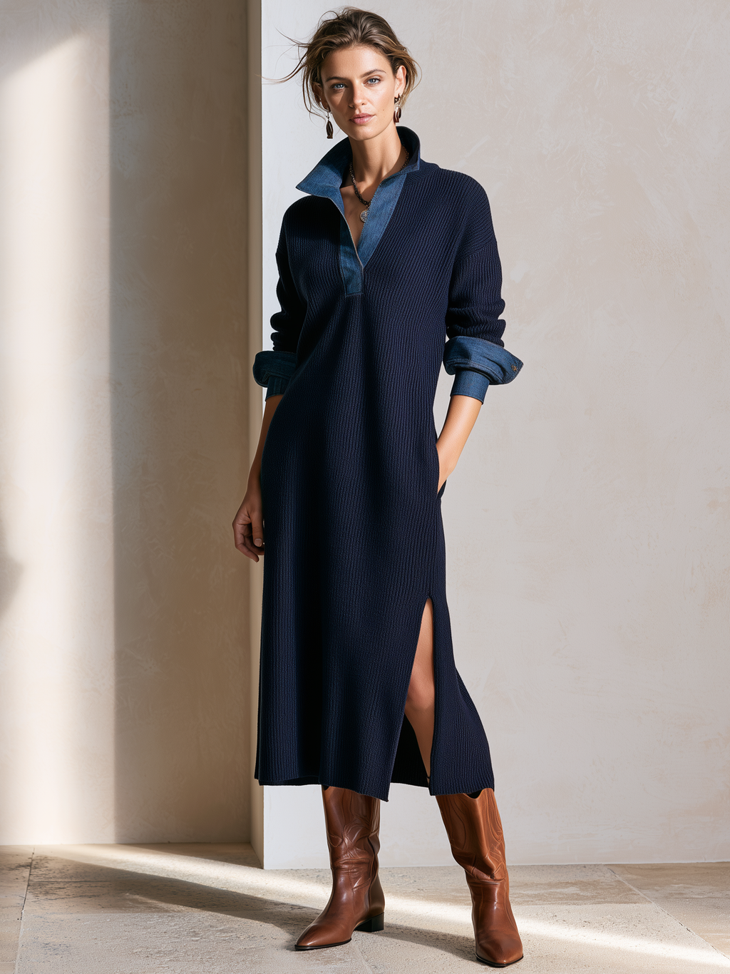 Elegant Navy Blue Knit Midi Dress With Denim-Trimmed Collar