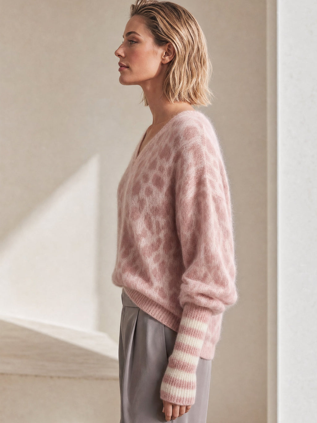 Mohair Leopard Print V-Neck Sweater