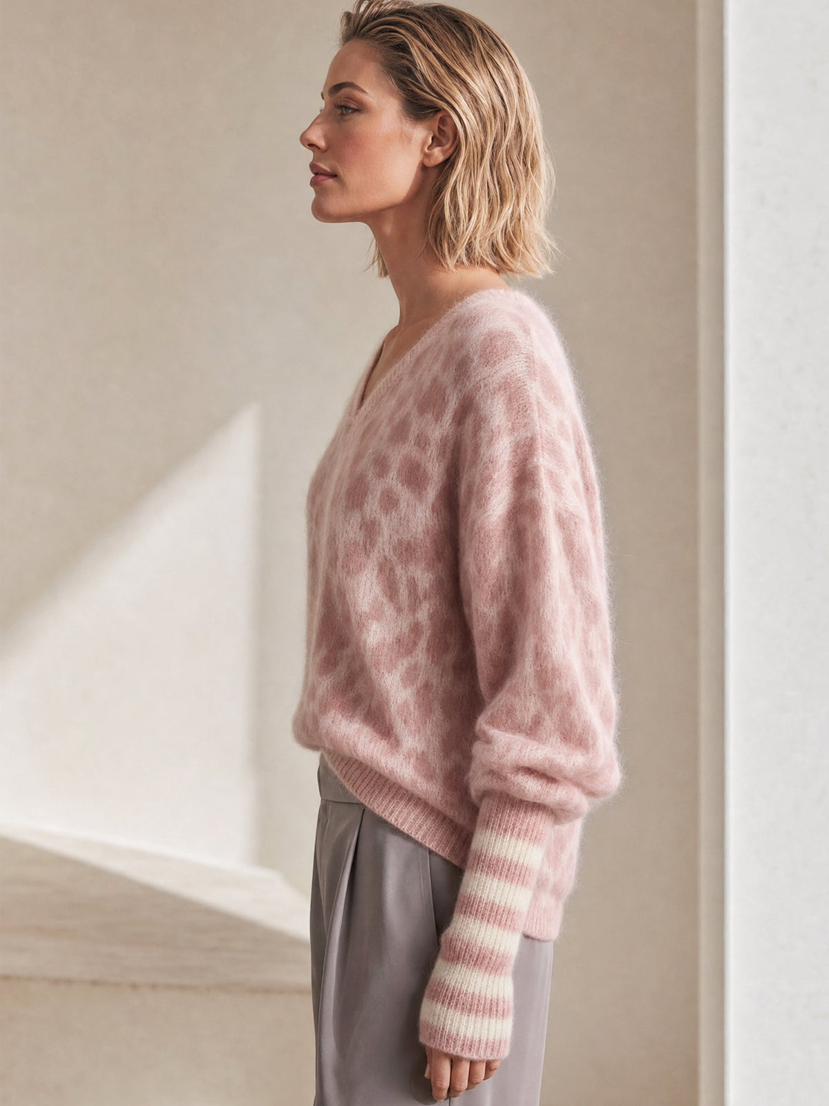 Mohair Leopard Print V-Neck Sweater