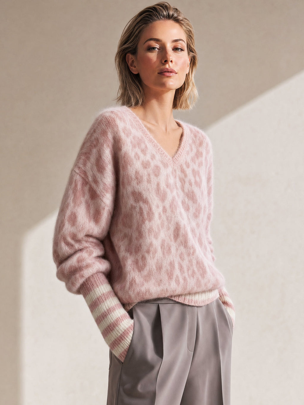 Mohair Leopard Print V-Neck Sweater