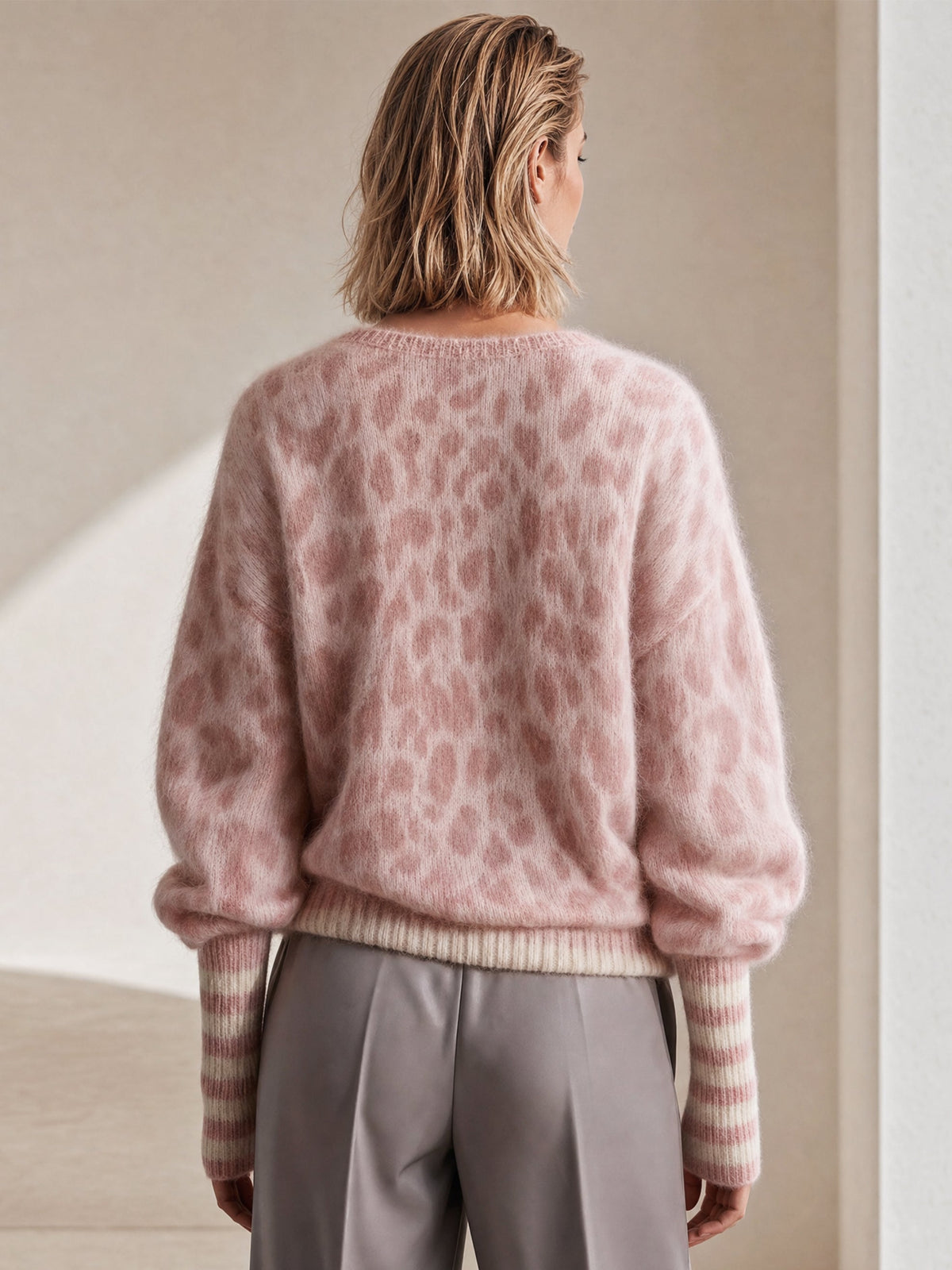 Mohair Leopard Print V-Neck Sweater
